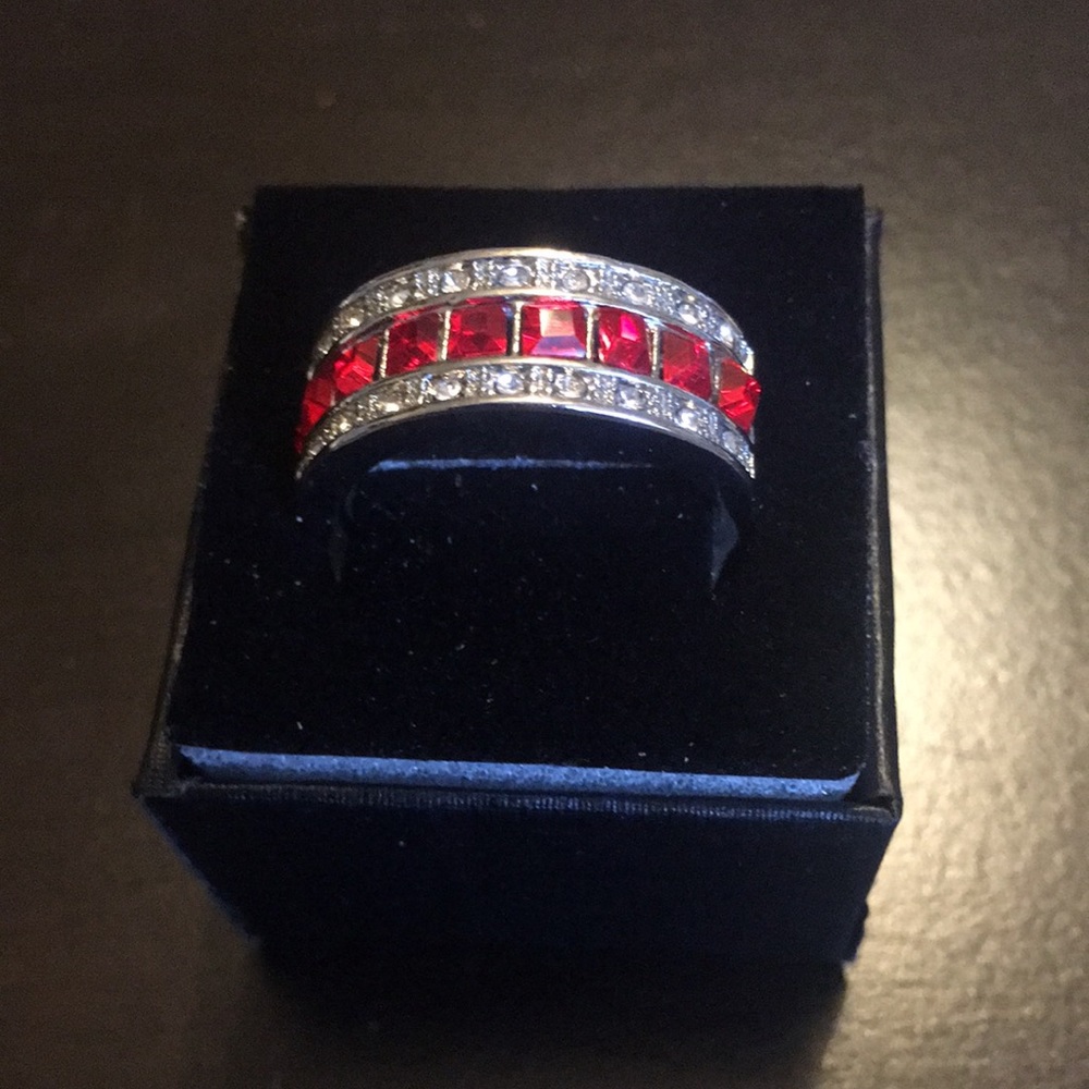 Ruby Red and Rhinestone Band MEN RING - Picture 2 of 5